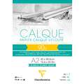 Calque velouté Clairefontaine, 90/95 g/m², 42 cm x 59,4 cm, DIN A2, 1 pièce, Bloc collé 1 côté