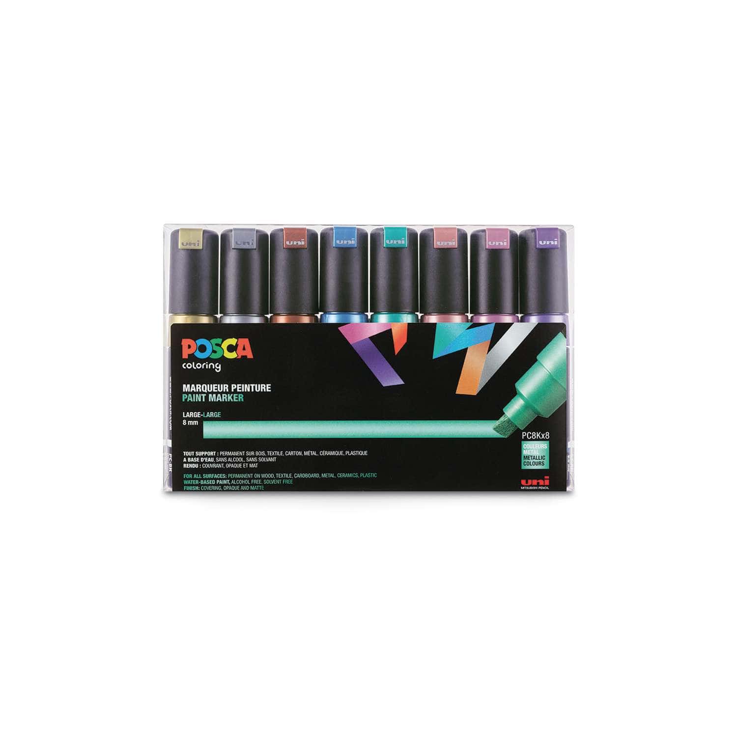 Set de 8 marqueurs PC8K UNI POSCA, couleurs métalliques