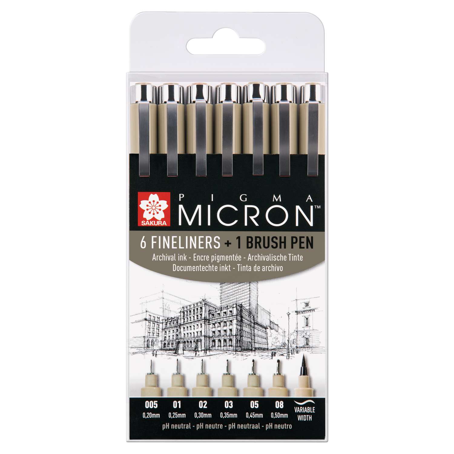 Set de 6 feutres précision SAKURA® PIGMA MICRON™ + 1 crayon pinceau