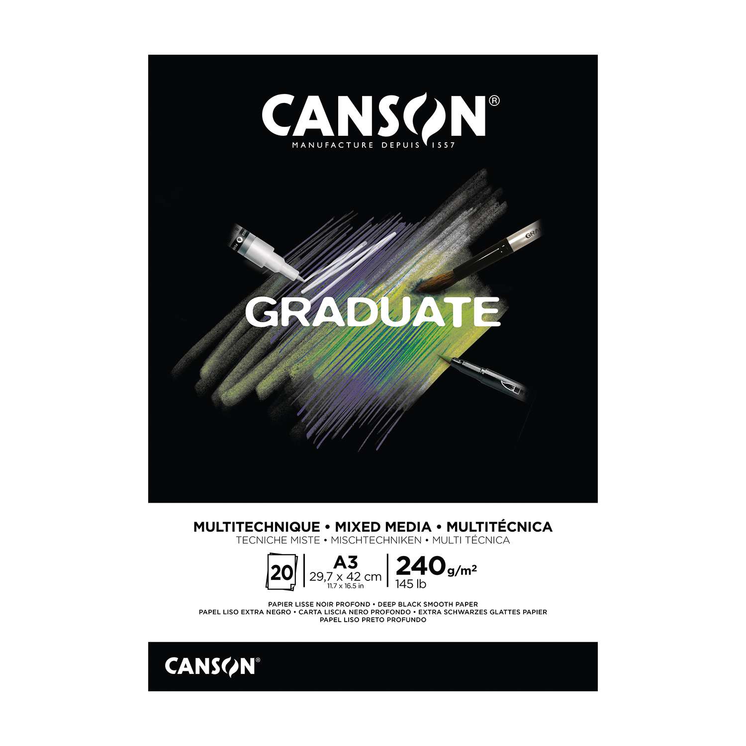 CANSON Graduate Lettering Mixed Media Block A4 – 200 G/m², 20 Blatt, Leicht Genarbt, Für Trockene & Feuchte Techniken