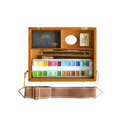 CHARVIN extrafeine Aquarellfarbe im Travel Bag, 24 x 1/2 Näpf. mit Zubehör, Holzkoffer