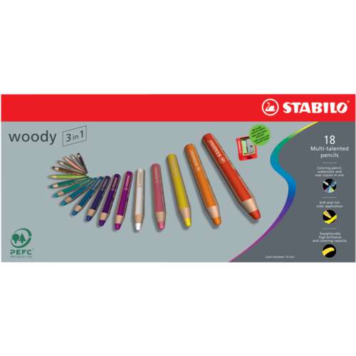 Crayons de couleur 3 en 1 STABILO® Woody, set avec taille-crayon